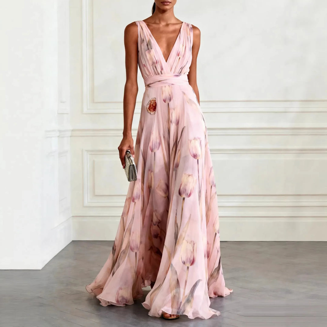Cosima | Tulip Stampa Chiffon Scollo a V Maxi Abito