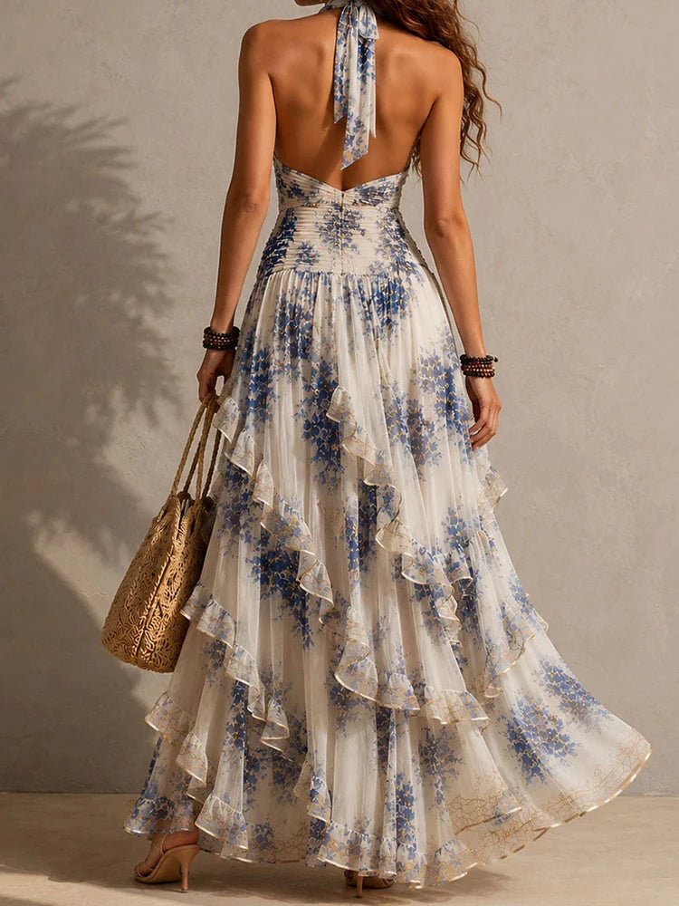 Mireille | Ruffled Halter Backless Stampa Maxi Abito