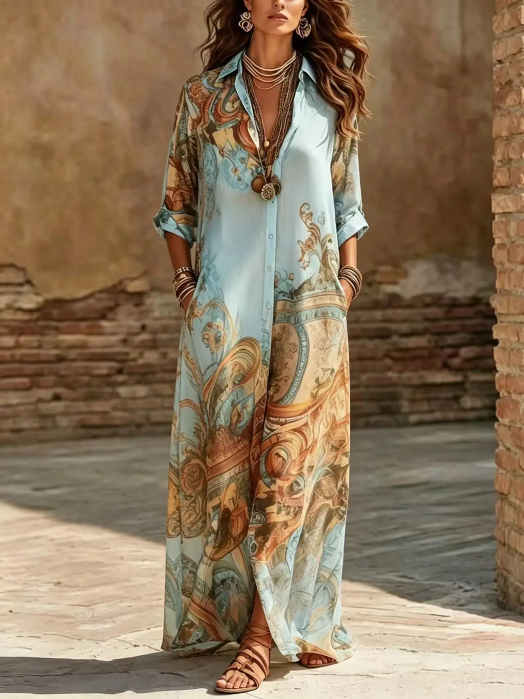 Saffron | Boho Stampa con Bottoni Camicia Maxi Abito