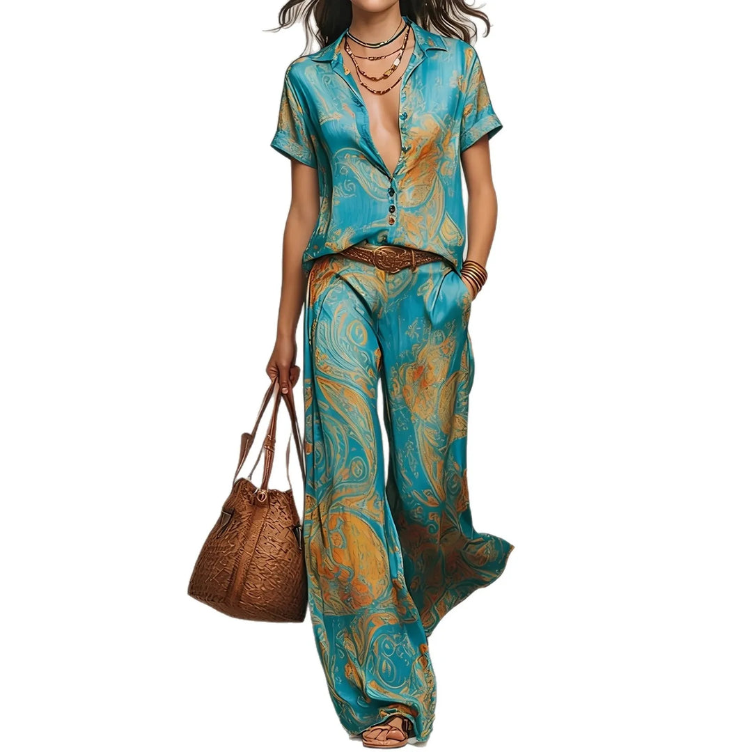 Sabine | Vintage Stampa Due Pezzi Camicia and Gamba Larga Completo