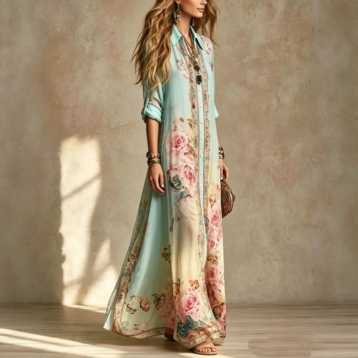 Ottilie | Boho Floreale Stampa Camicia Maxi Abito