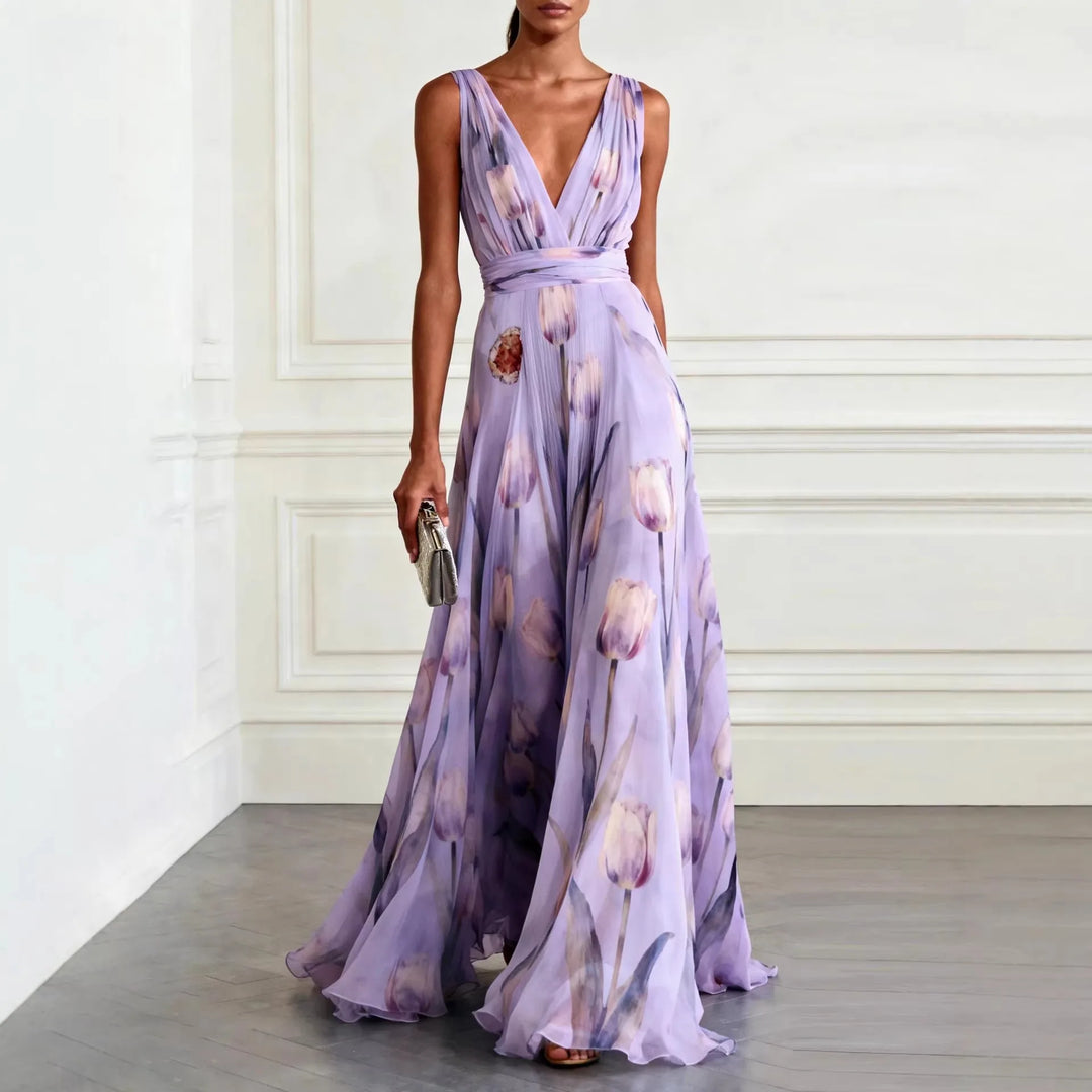Cosima | Tulip Stampa Chiffon Scollo a V Maxi Abito