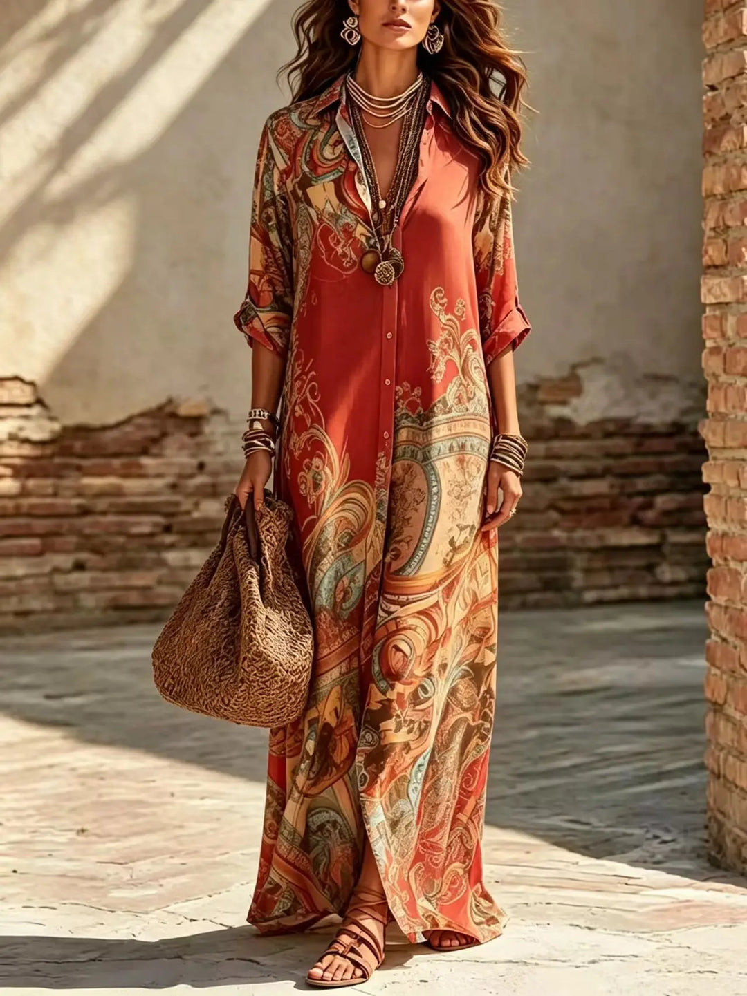 Saffron | Boho Stampa con Bottoni Camicia Maxi Abito