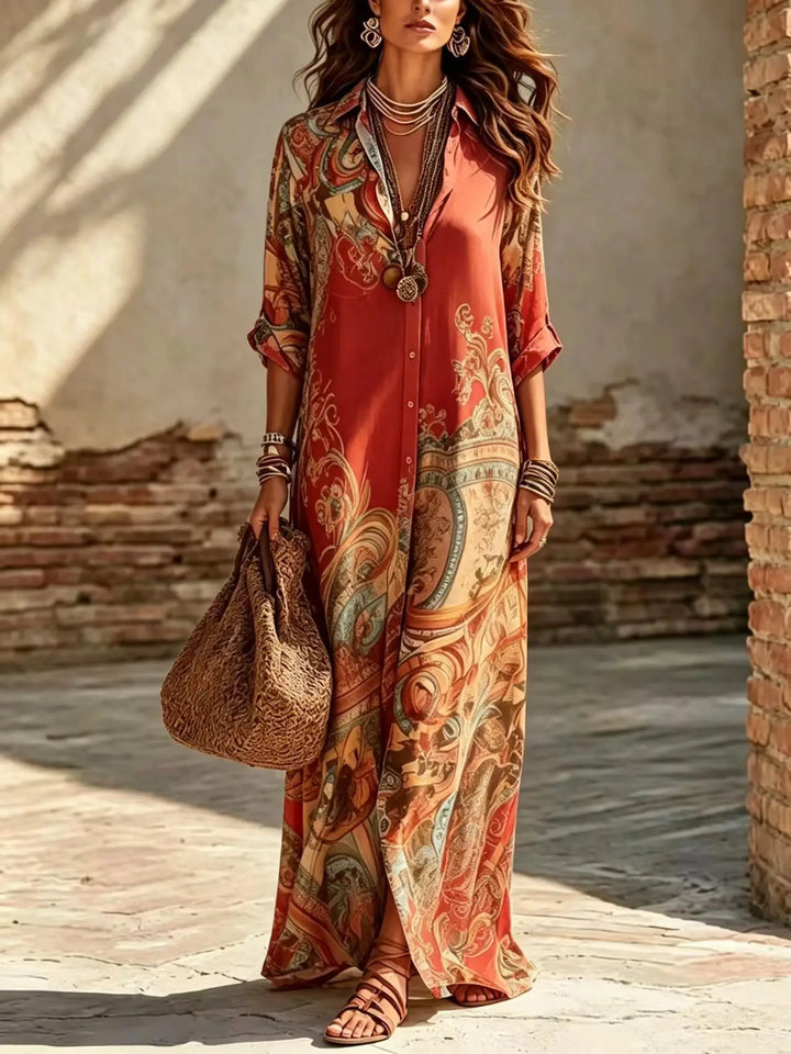 Saffron | Boho Stampa con Bottoni Camicia Maxi Abito