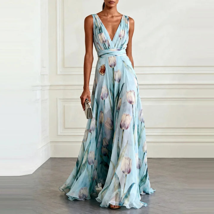 Cosima | Tulip Stampa Chiffon Scollo a V Maxi Abito