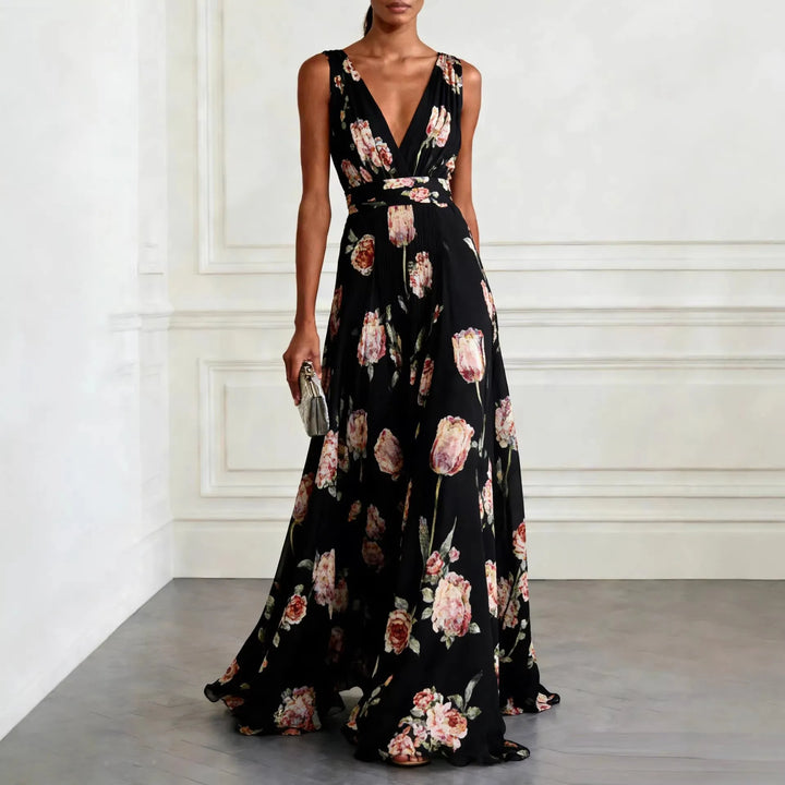 Cosima | Tulip Stampa Chiffon Scollo a V Maxi Abito