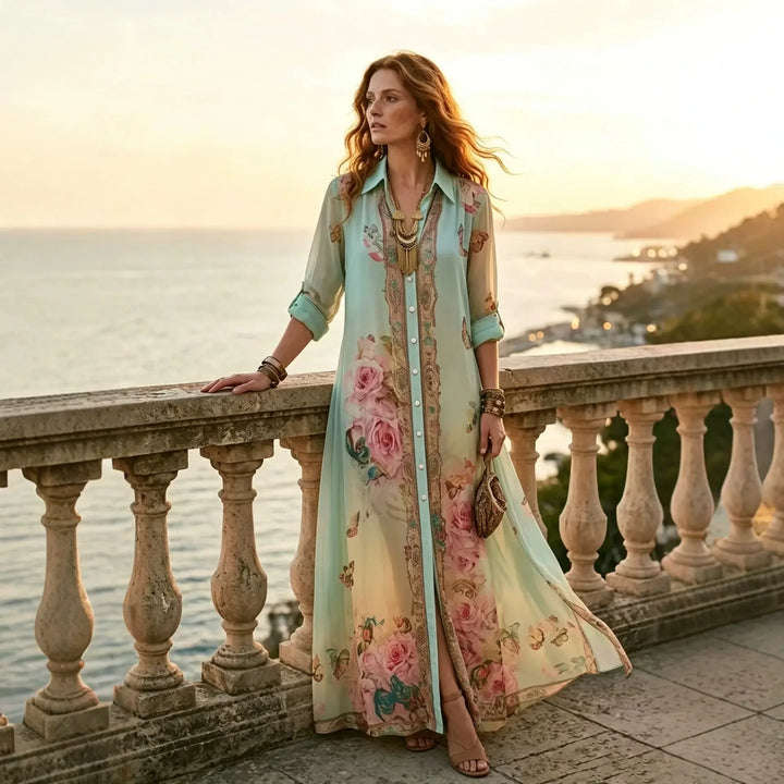 Ottilie | Boho Floreale Stampa Camicia Maxi Abito