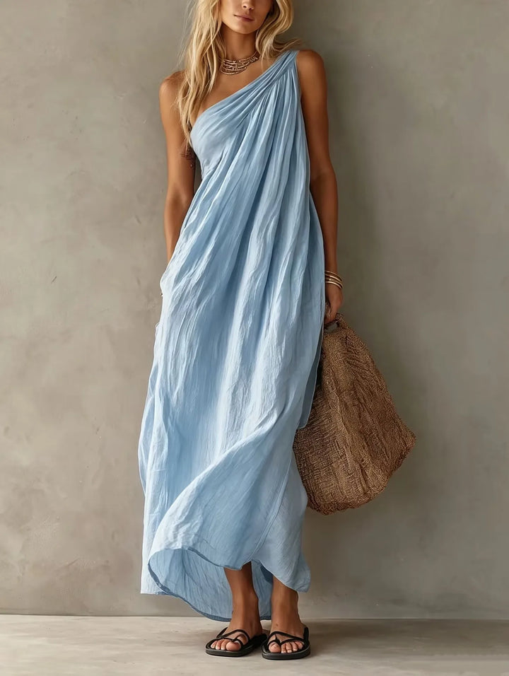 Thea | Monospalla Draped Lino-Look Maxi Abito