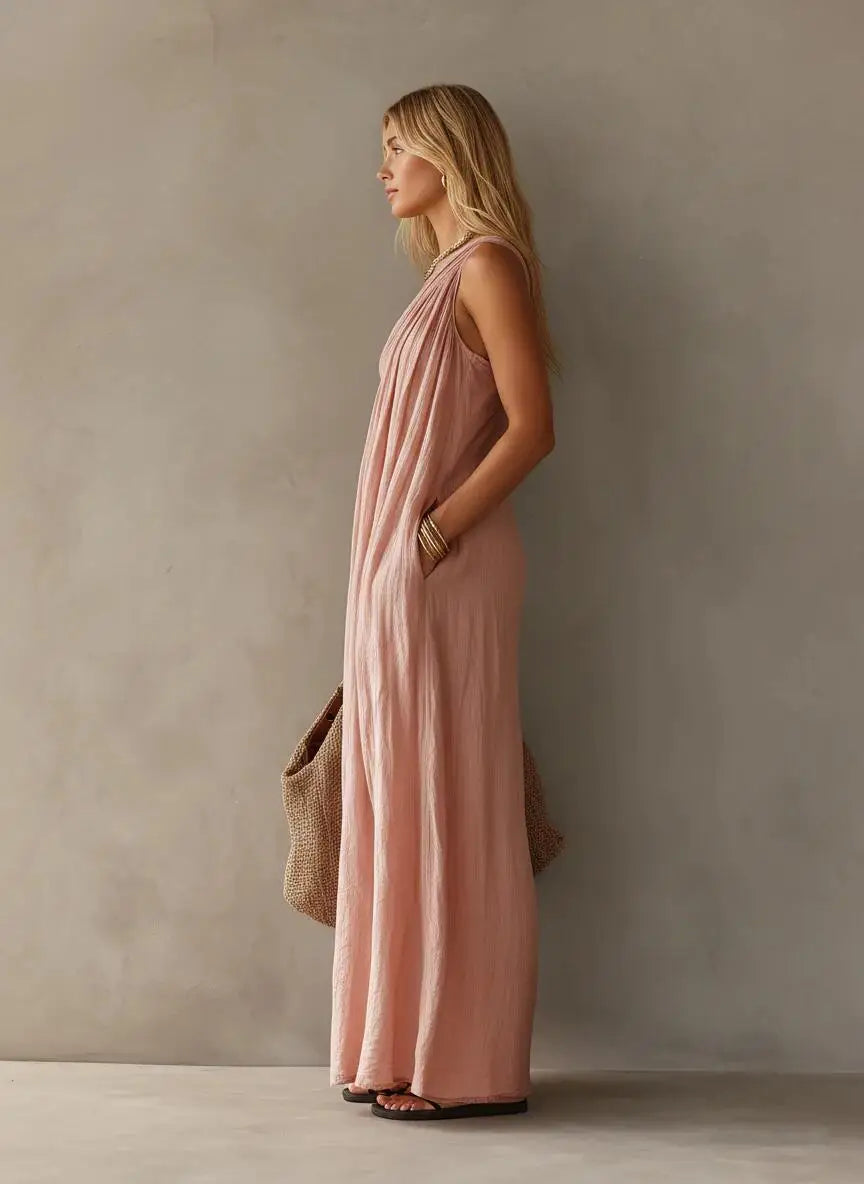 Thea | Monospalla Draped Lino-Look Maxi Abito