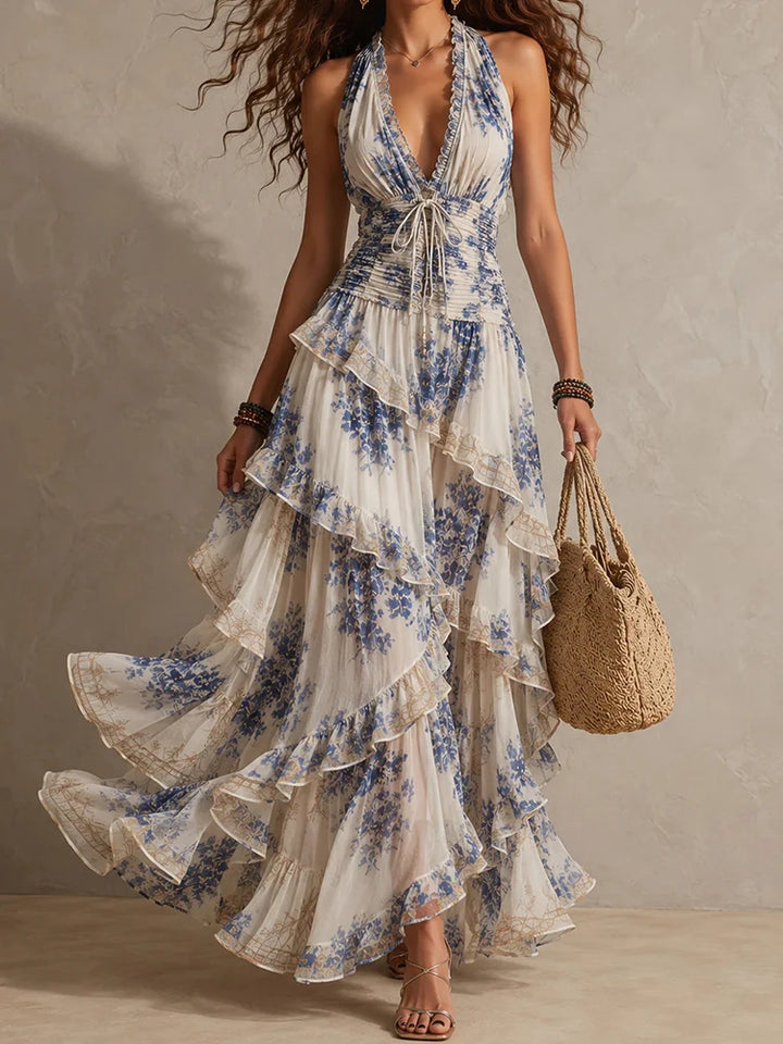 Mireille | Ruffled Halter Backless Stampa Maxi Abito