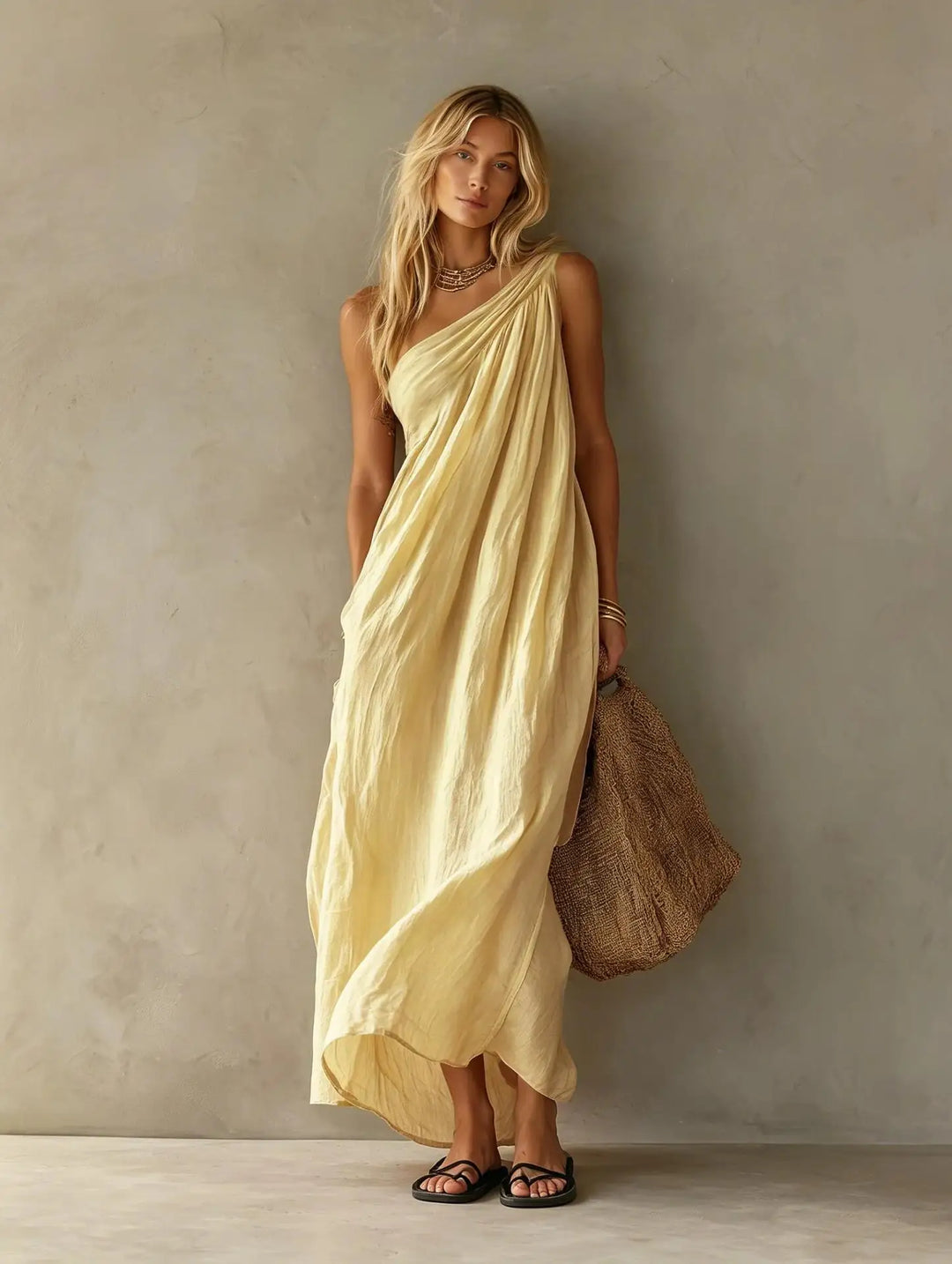 Thea | Monospalla Draped Lino-Look Maxi Abito