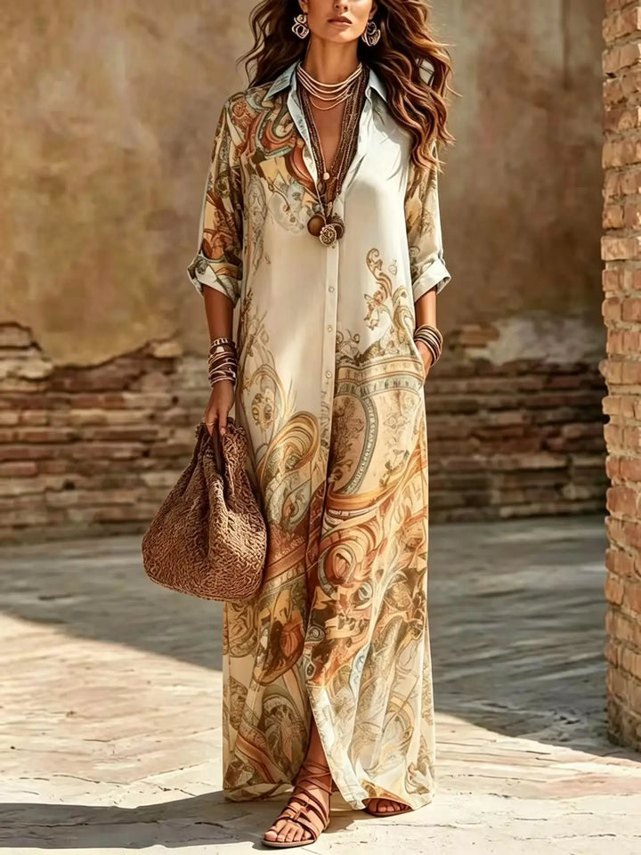 Saffron | Boho Stampa con Bottoni Camicia Maxi Abito