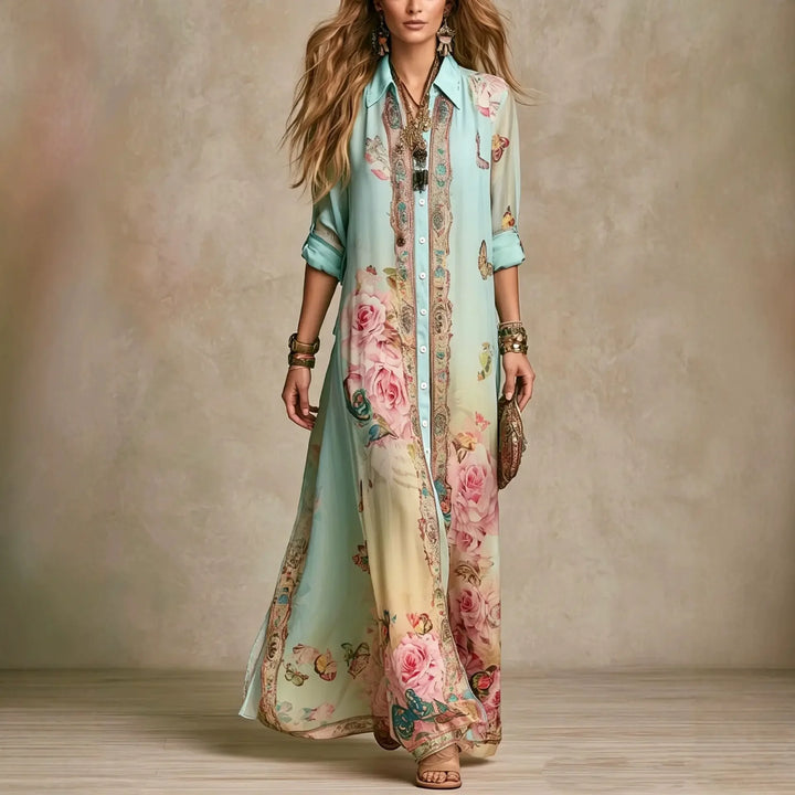 Ottilie | Boho Floreale Stampa Camicia Maxi Abito