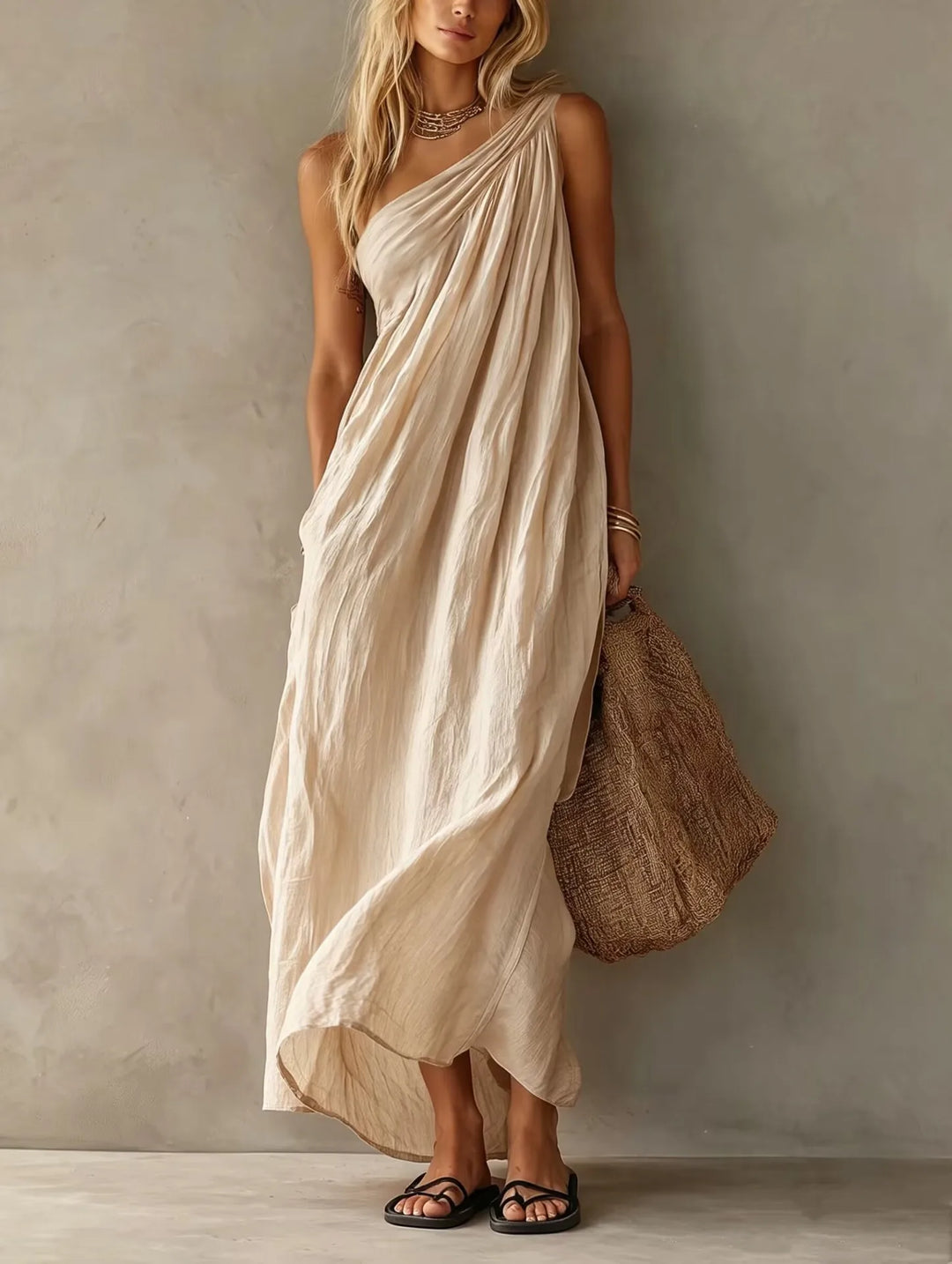 Thea | Monospalla Draped Lino-Look Maxi Abito