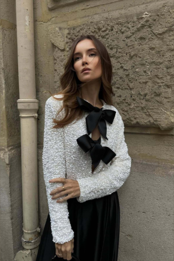 Denby | Chic Bow Detail Tweed Camicetta
