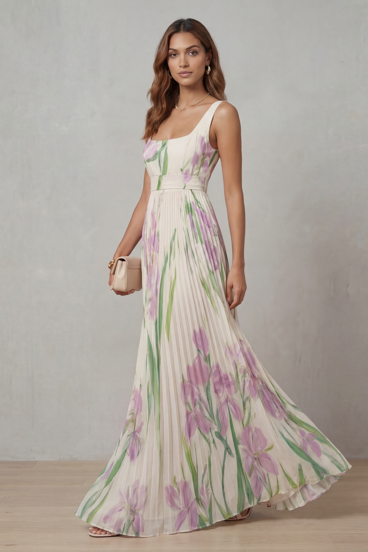 Viviana | Maxi Abito Plissettato Floreale Effetto Acquerello