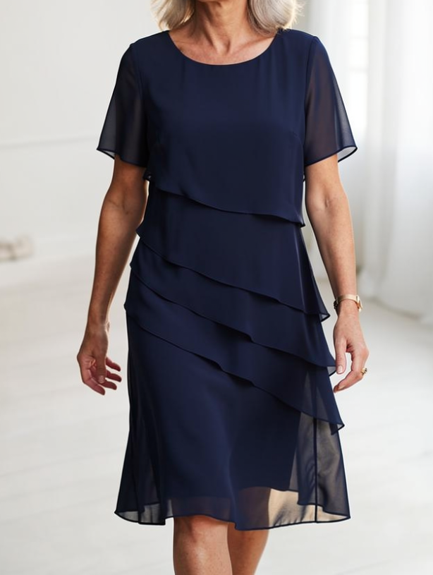 Daphne | Layered Round-Neck Manica Corta Midi Cocktail Abito