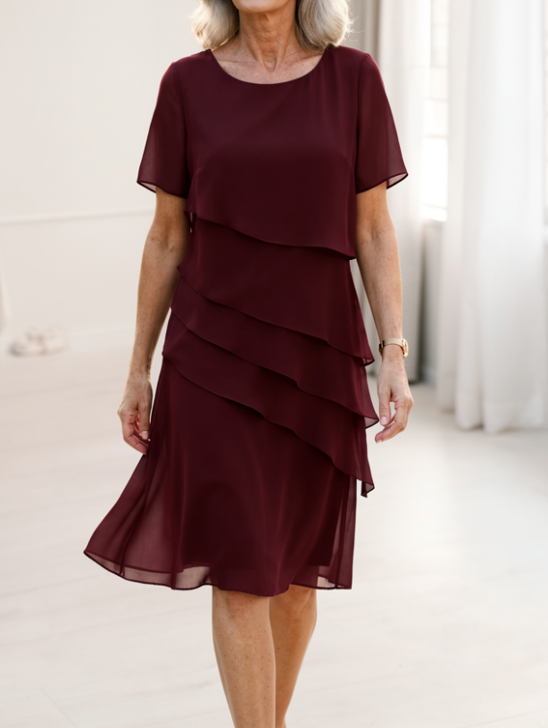 Daphne | Layered Round-Neck Manica Corta Midi Cocktail Abito