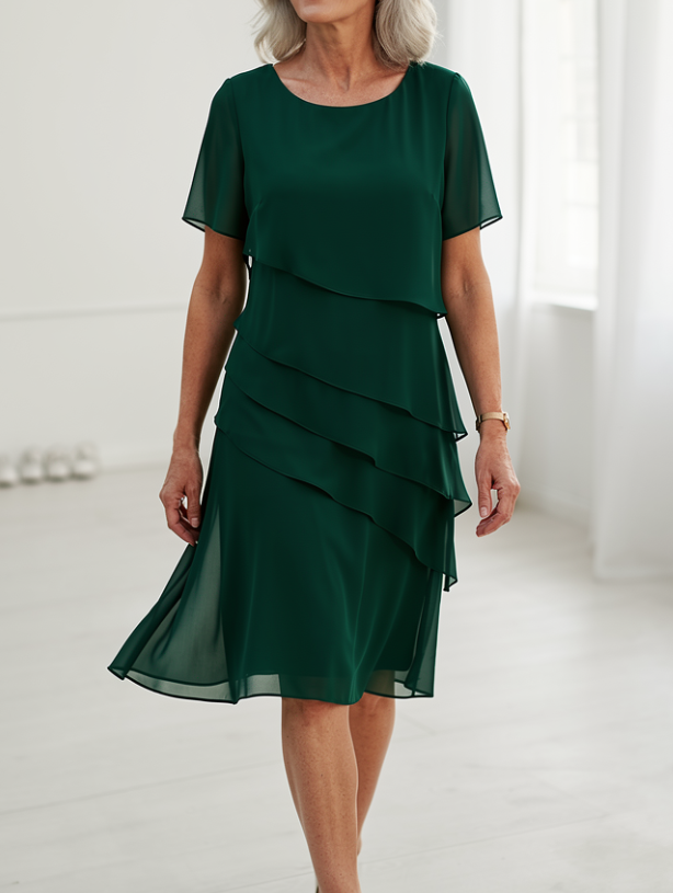 Daphne | Layered Round-Neck Manica Corta Midi Cocktail Abito