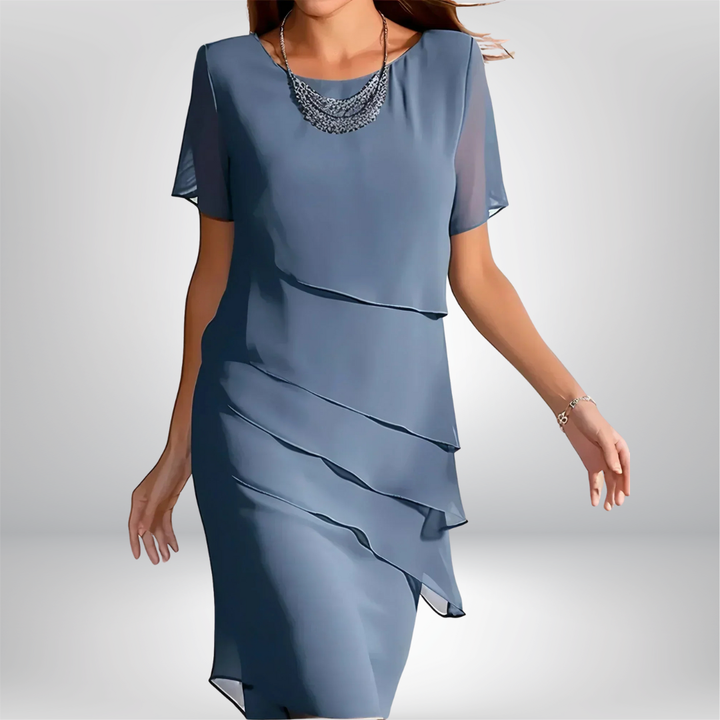 Vivienne | Layered Round-Neck Manica Corta Asymmetric Midi Abito