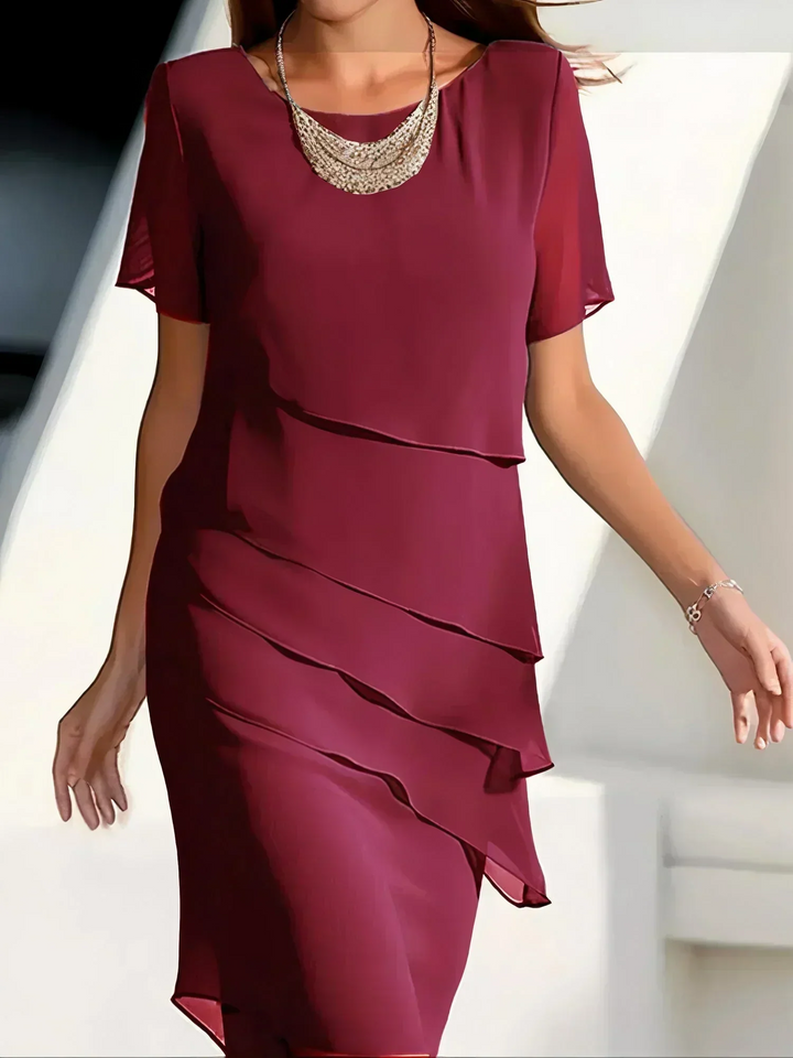 Vivienne | Layered Round-Neck Manica Corta Asymmetric Midi Abito
