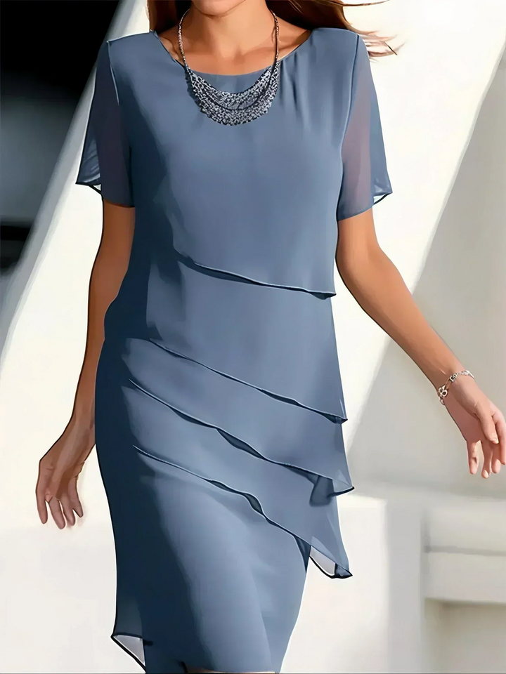 Vivienne | Layered Round-Neck Manica Corta Asymmetric Midi Abito