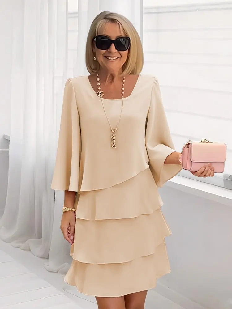Celine | Scoop-Neck 3/4-Sleeve Tiered Ruffle A-Line Abito