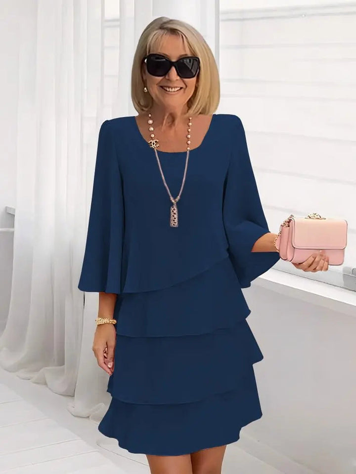 Celine | Scoop-Neck 3/4-Sleeve Tiered Ruffle A-Line Abito