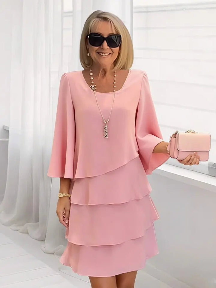 Celine | Scoop-Neck 3/4-Sleeve Tiered Ruffle A-Line Abito