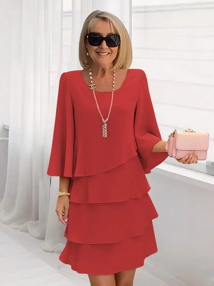 Celine | Scoop-Neck 3/4-Sleeve Tiered Ruffle A-Line Abito