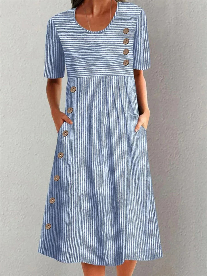 Adeline | a Righe Scoop-Neck Manica Corta A-Line Midi Abito