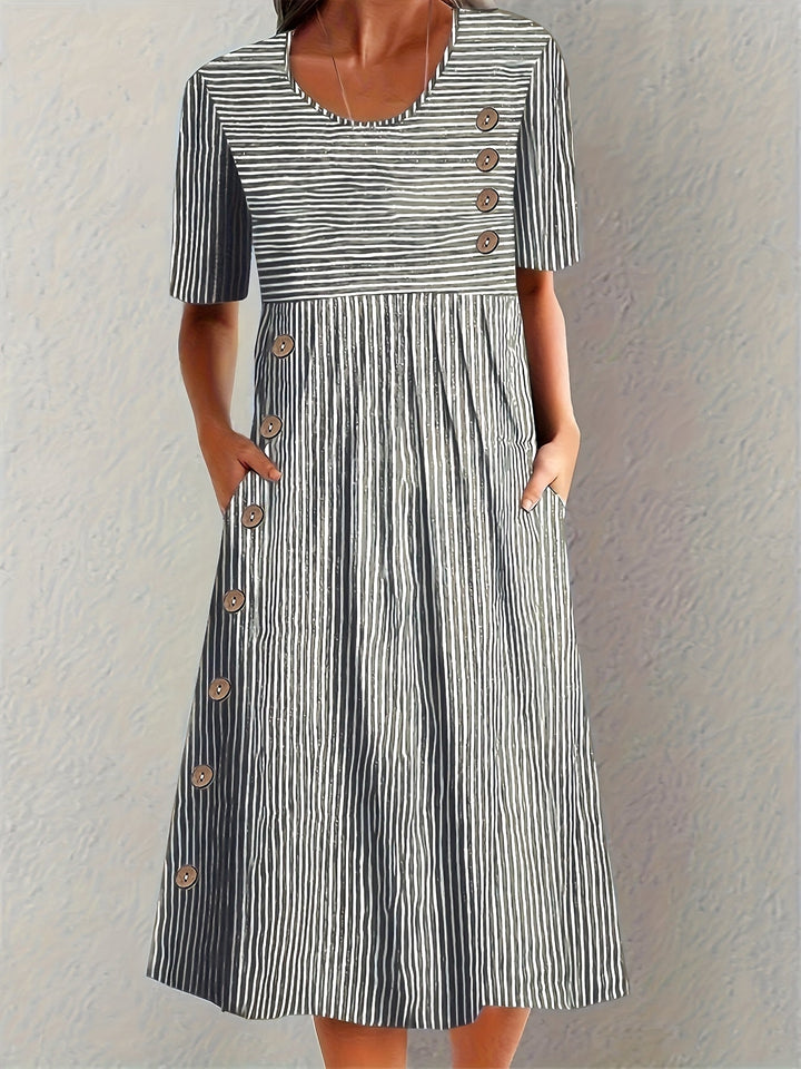 Adeline | a Righe Scoop-Neck Manica Corta A-Line Midi Abito