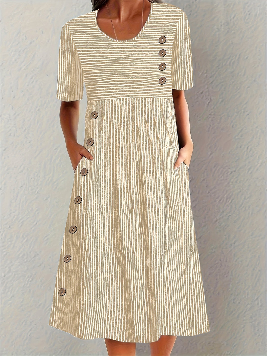 Adeline | a Righe Scoop-Neck Manica Corta A-Line Midi Abito