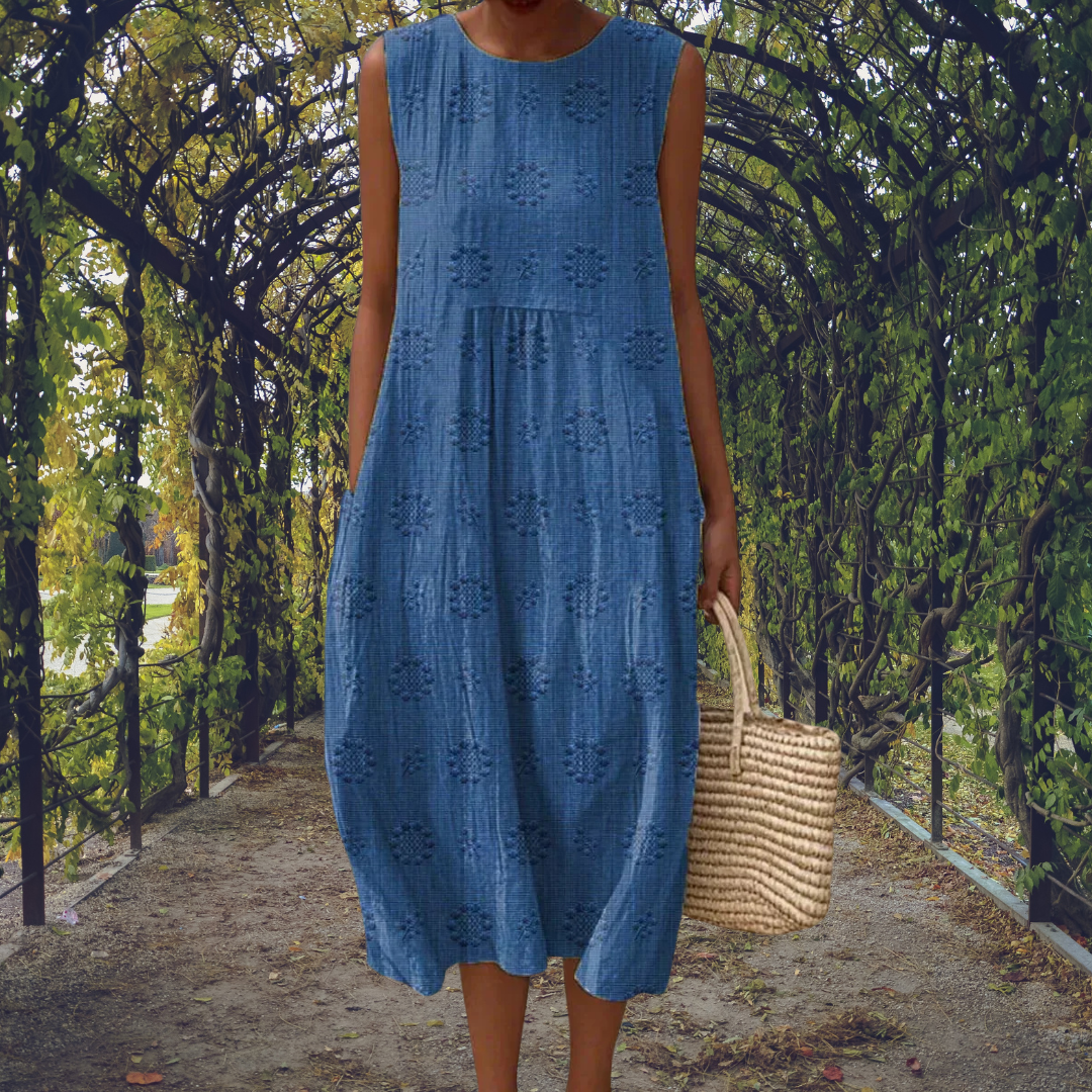 Camille | Textured Floreale Senza Maniche A-Line Midi Abito