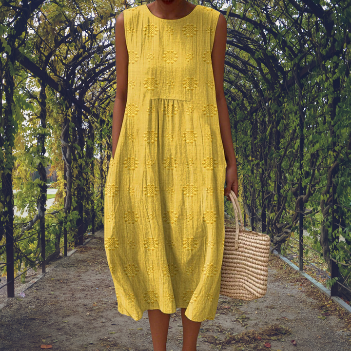 Camille | Textured Floreale Senza Maniche A-Line Midi Abito