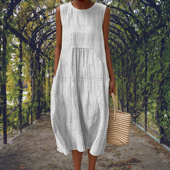 Camille | Textured Floreale Senza Maniche A-Line Midi Abito