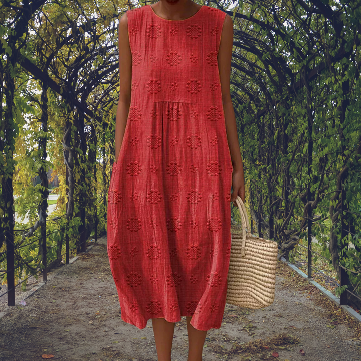 Camille | Textured Floreale Senza Maniche A-Line Midi Abito