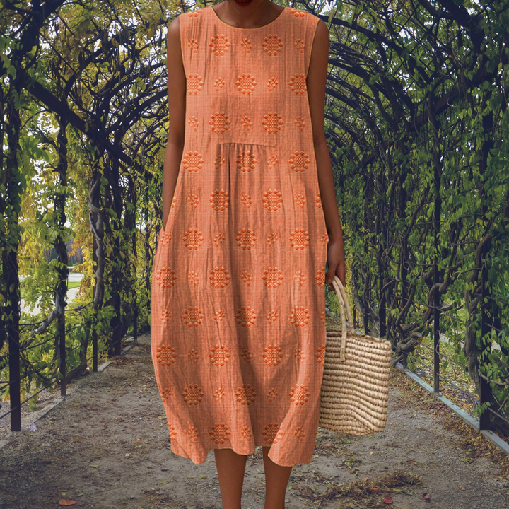 Camille | Textured Floreale Senza Maniche A-Line Midi Abito