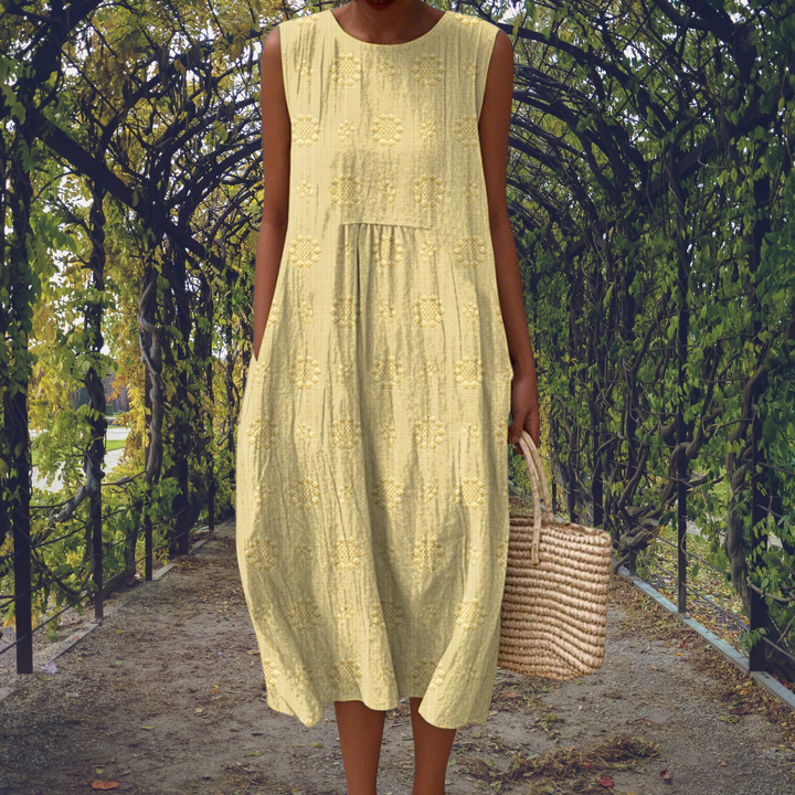 Camille | Textured Floreale Senza Maniche A-Line Midi Abito