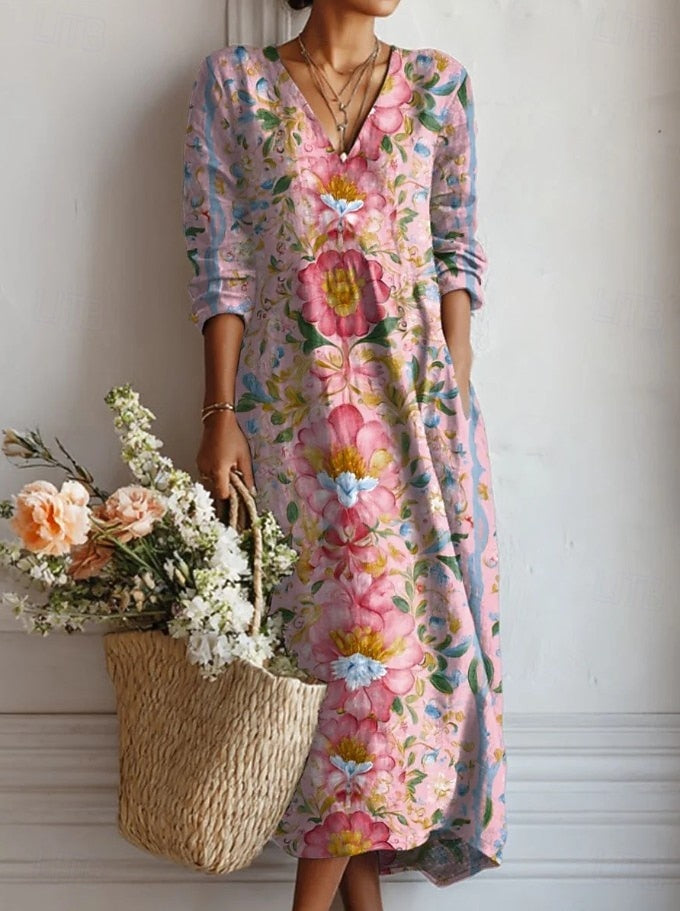 Kelly | Floreale Scollo a V 3/4-Sleeve A-Line Maxi Abito