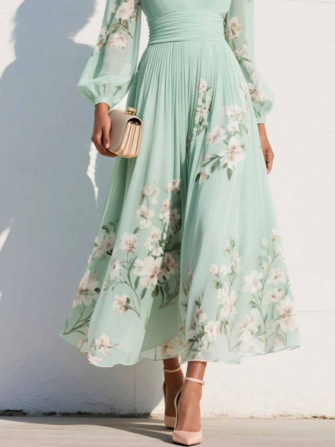 Evie | Leggero Verde Floreale Midi Abito