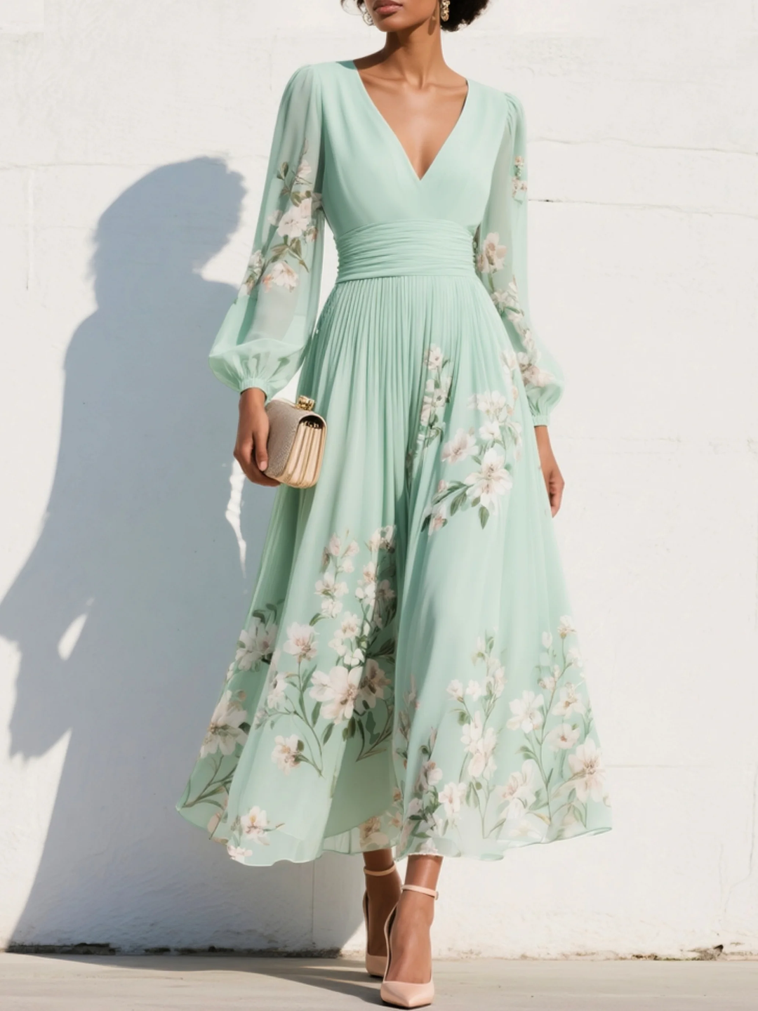 Evie | Leggero Verde Floreale Midi Abito