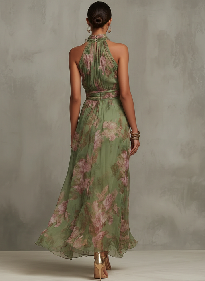 Firenze | Maxi Abito in Chiffon Floreale Verde con Schiena Scoperta