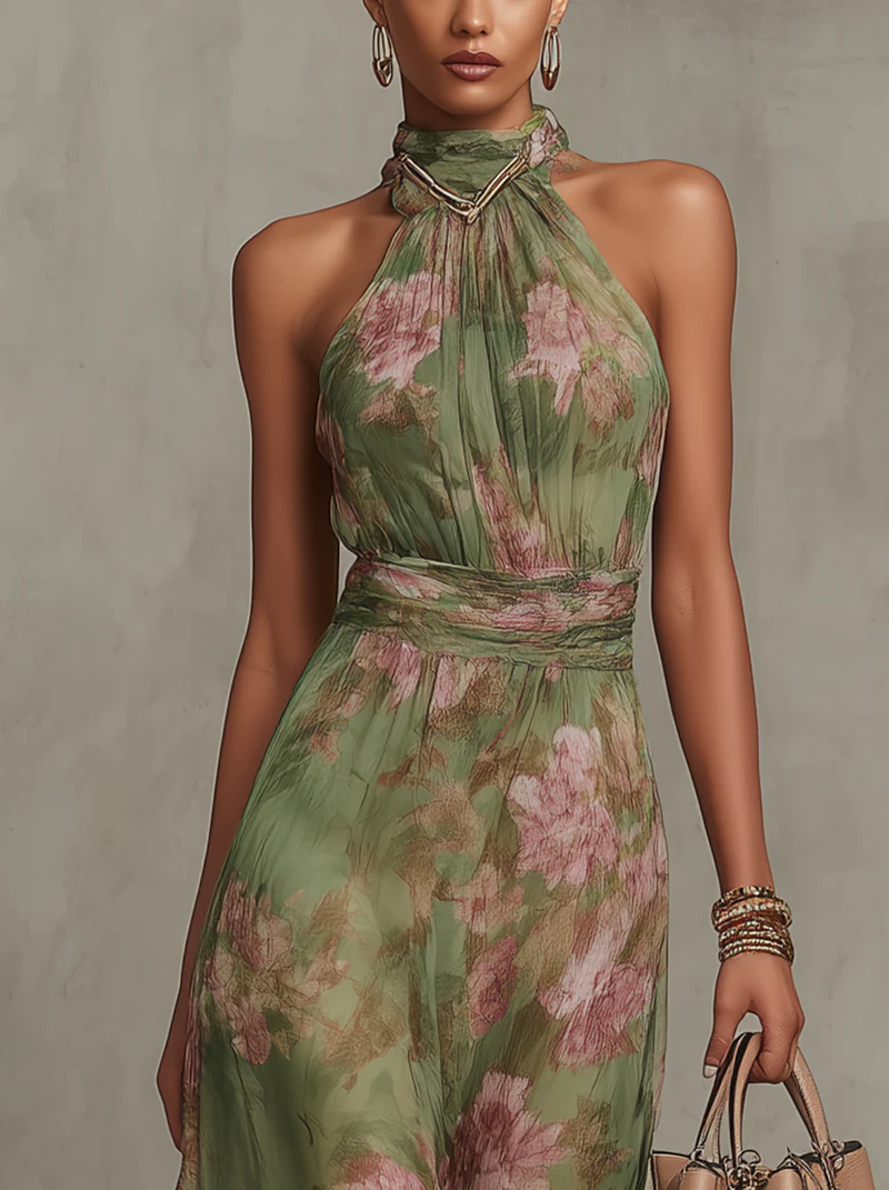 Firenze | Maxi Abito in Chiffon Floreale Verde con Schiena Scoperta