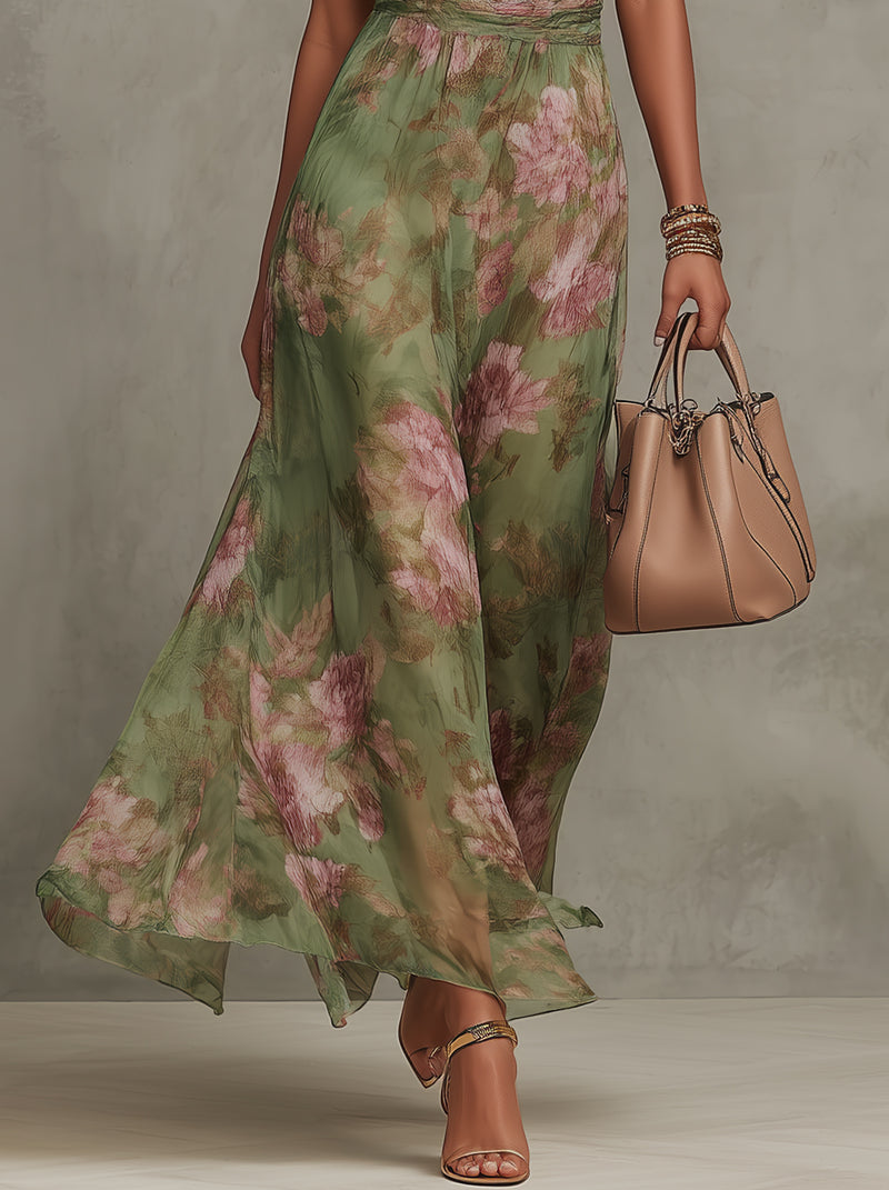 Firenze | Maxi Abito in Chiffon Floreale Verde con Schiena Scoperta