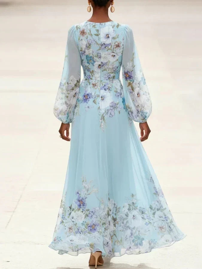 Mia | Maxi Abito in Chiffon Floreale Azzurro, Scollo a V