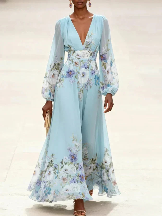 Mia | Maxi Abito in Chiffon Floreale Azzurro, Scollo a V
