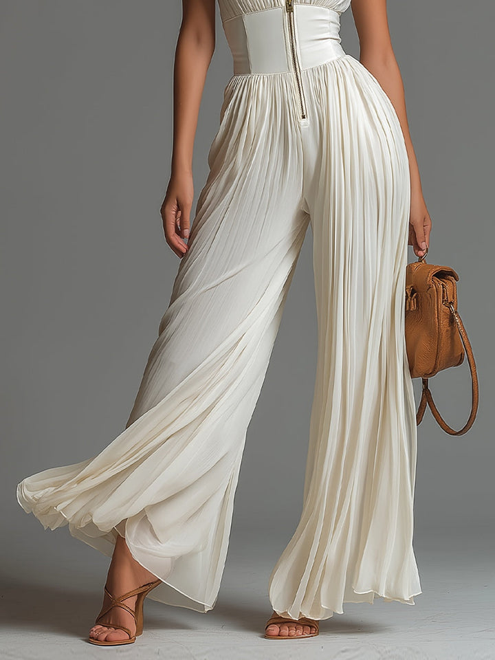 Ivoryssa | Tuta in Chiffon Bianco Gamba Larga