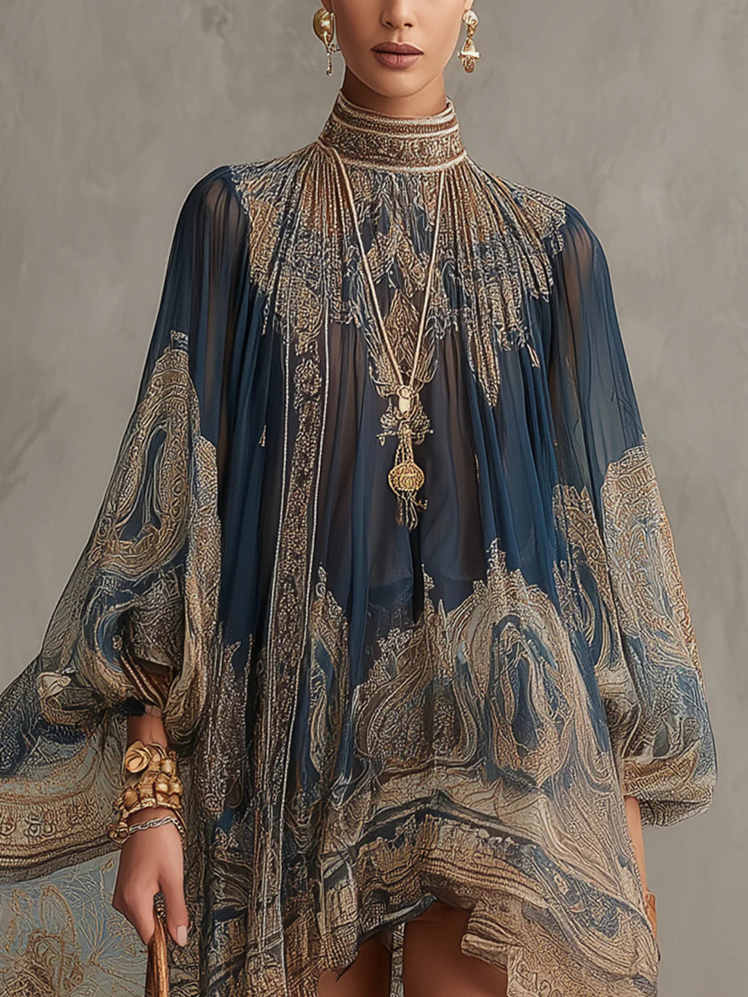 Sadie | Asymmetric Raso Mini Abito with Blu Navy Baroque Stampa and Stand Collar