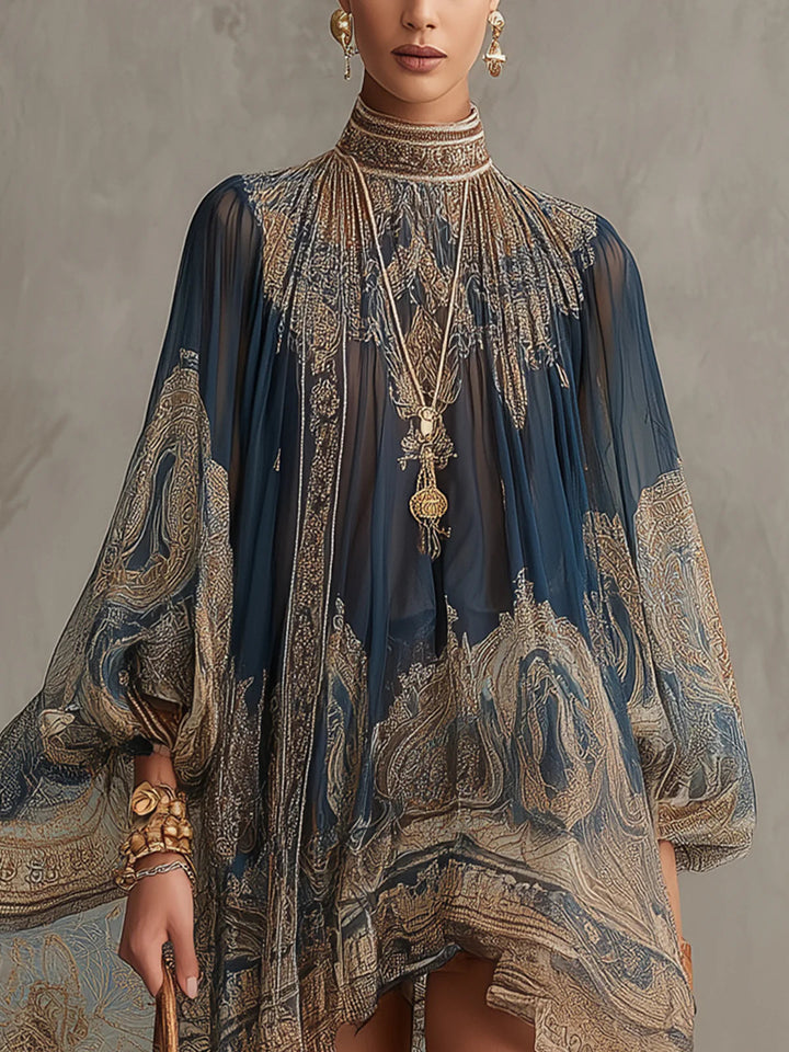 Sadie | Asymmetric Raso Mini Abito with Blu Navy Baroque Stampa and Stand Collar